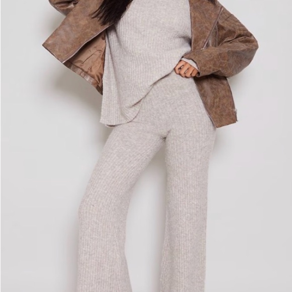 PrettyLittleThing Soft Knit Wide Leg Pants in Cream